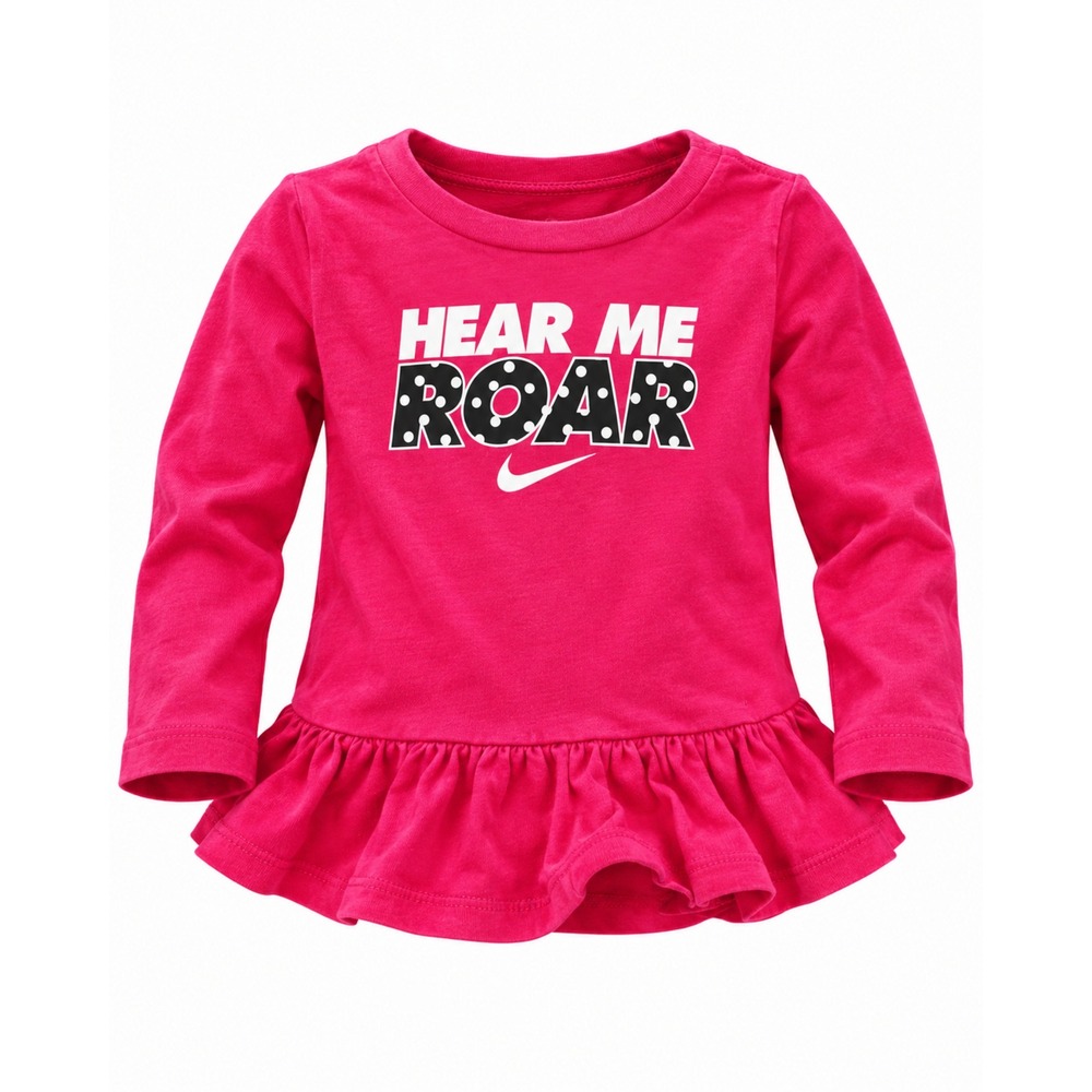 Nike Baby Girls Pink Hear Me Roar Long Sleeve Ruffle Hem Graphic Top T Shirt 12M